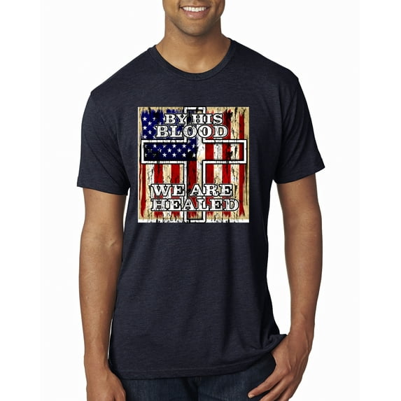 By His Blood We Are Healed Inspirational/Christian Mens Premium Tri Blend T-Shirt, Vintage Navy, Small