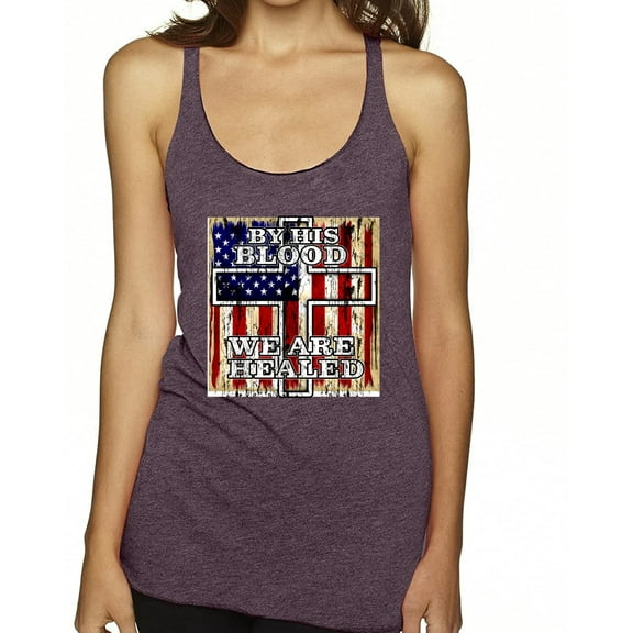 By His Blood We Are Healed Inspirational/Christian Tri-Blend Racerback Tank Top, Purple Vintage, Medium