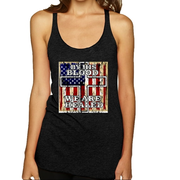 By His Blood We Are Healed Inspirational/Christian Tri-Blend Racerback Tank Top, Vintage Black, X-Large