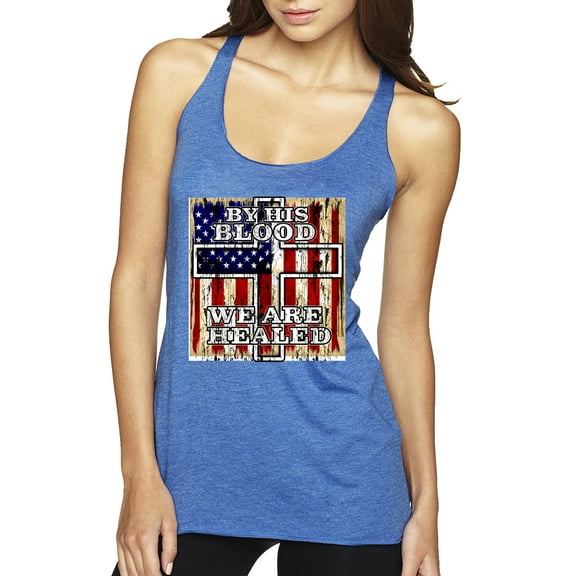 By His Blood We Are Healed Inspirational/Christian Tri-Blend Racerback Tank Top, Vintage Royal, X-Large