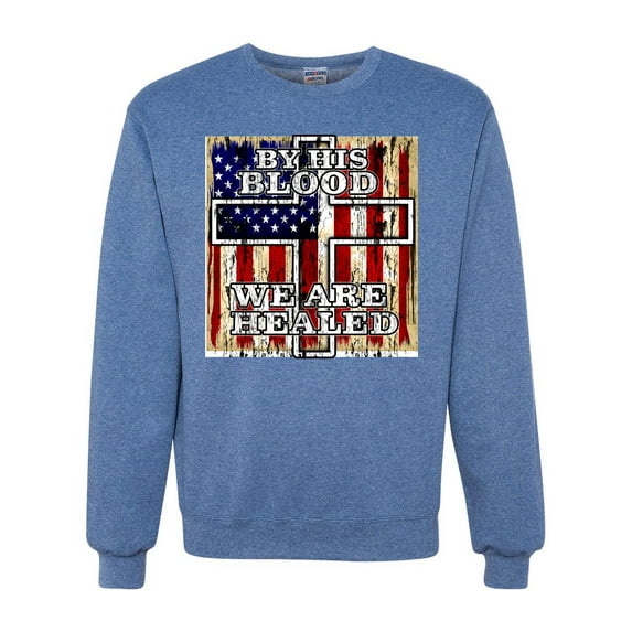 By His Blood We Are Healed Inspirational/Christian Unisex Crewneck Graphic Sweatshirt, Vintage Heather Blue, Large