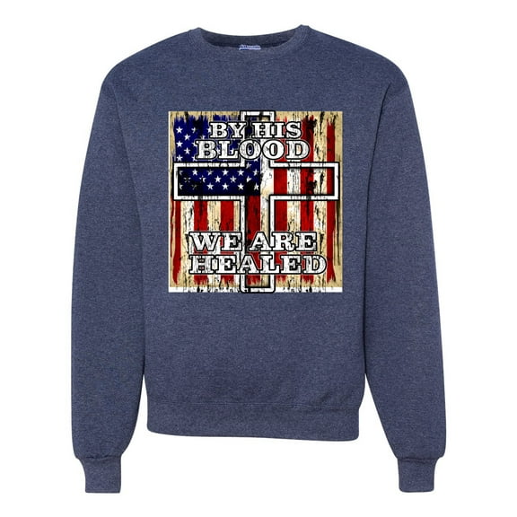 By His Blood We Are Healed Inspirational/Christian Unisex Crewneck Graphic Sweatshirt, Vintage Heather Navy, Large