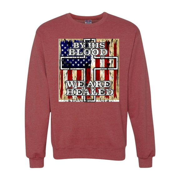 By His Blood We Are Healed Inspirational/Christian Unisex Crewneck Graphic Sweatshirt, Vintage Heather Red, XX-Large