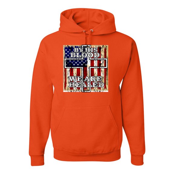 By His Blood We Are Healed Inspirational/Christian Unisex Graphic Hoodie Sweatshirt, Orange, X-Large