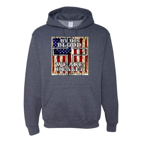 By His Blood We Are Healed Inspirational/Christian Unisex Graphic Hoodie Sweatshirt, Vintage Heather Navy, X-Large