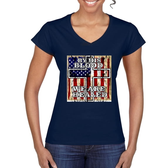 By His Blood We Are Healed Inspirational/Christian Women's Standard V-Neck Tee, Navy, X-Large
