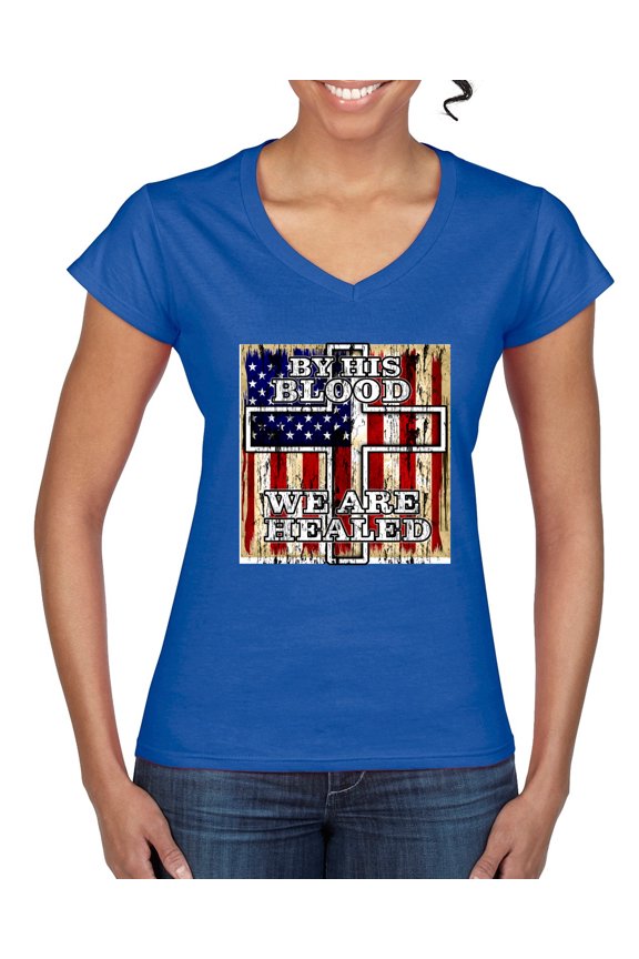By His Blood We Are Healed Inspirational/Christian Womenâ€™s Standard V-Neck Tee, Royal, Small