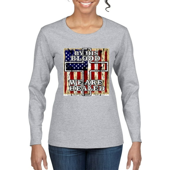 By His Blood We Are Healed Inspirational/Christian Womens Graphic Long Sleeve T-Shirt, Heather Grey, Medium