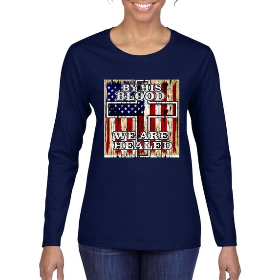 By His Blood We Are Healed Inspirational/Christian Womens Graphic Long Sleeve T-Shirt, Navy, Small