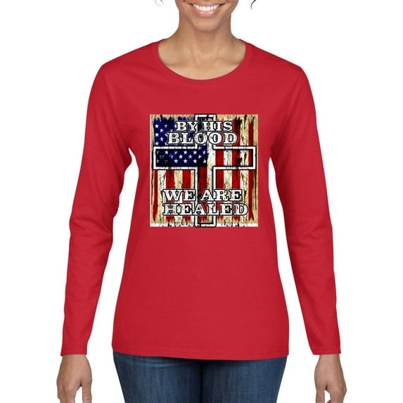 By His Blood We Are Healed Inspirational/Christian Womens Graphic Long Sleeve T-Shirt, Red, Large