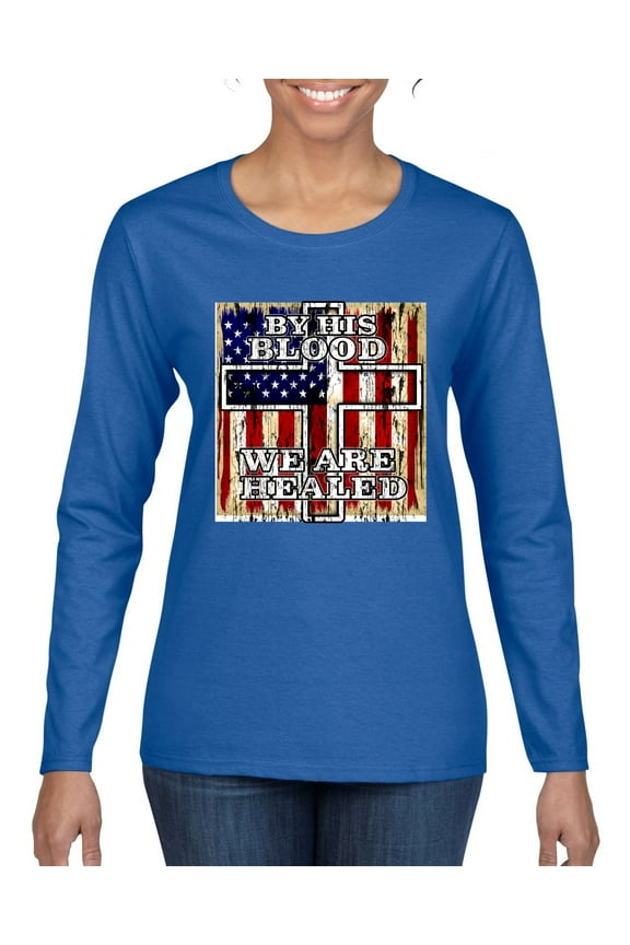By His Blood We Are Healed Inspirational/Christian Womens Graphic Long Sleeve T-Shirt, Royal, Small