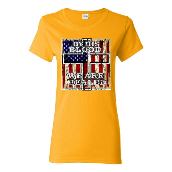 By His Blood We Are Healed Inspirational/Christian Womens Graphic T-Shirt, Gold, Large