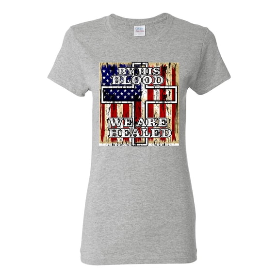 By His Blood We Are Healed Inspirational/Christian Womens Graphic T-Shirt, Heather Grey, Small