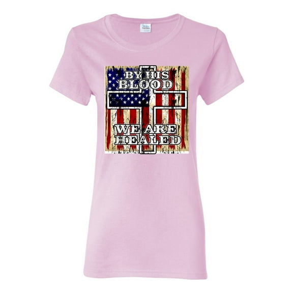 By His Blood We Are Healed Inspirational/Christian Womens Graphic T-Shirt, Light Pink, 3X-Large