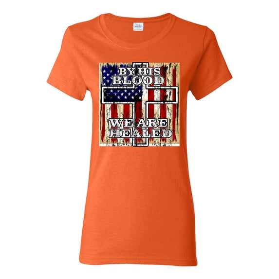 By His Blood We Are Healed Inspirational/Christian Womens Graphic T-Shirt, Orange, Medium