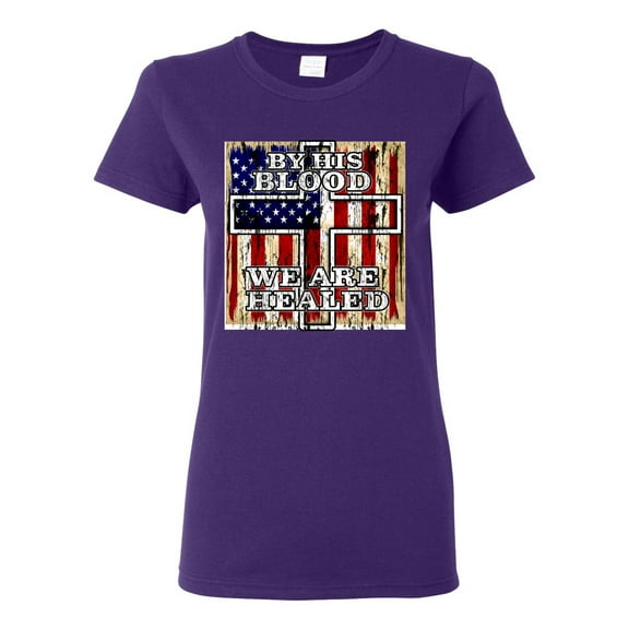 By His Blood We Are Healed Inspirational/Christian Womens Graphic T-Shirt, Purple, Large