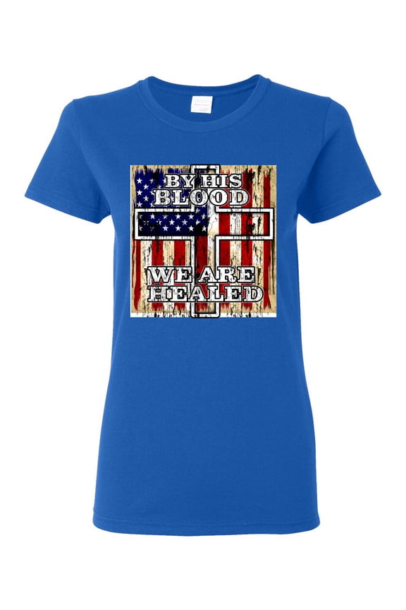 By His Blood We Are Healed Inspirational/Christian Womens Graphic T-Shirt, Royal, X-Large