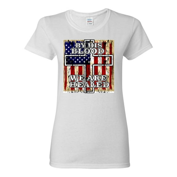By His Blood We Are Healed Inspirational/Christian Womens Graphic T-Shirt, White, Medium