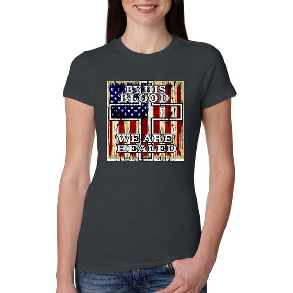 By His Blood We Are Healed Inspirational/Christian Womens Slim Fit Junior Tee, Dark Grey, Small