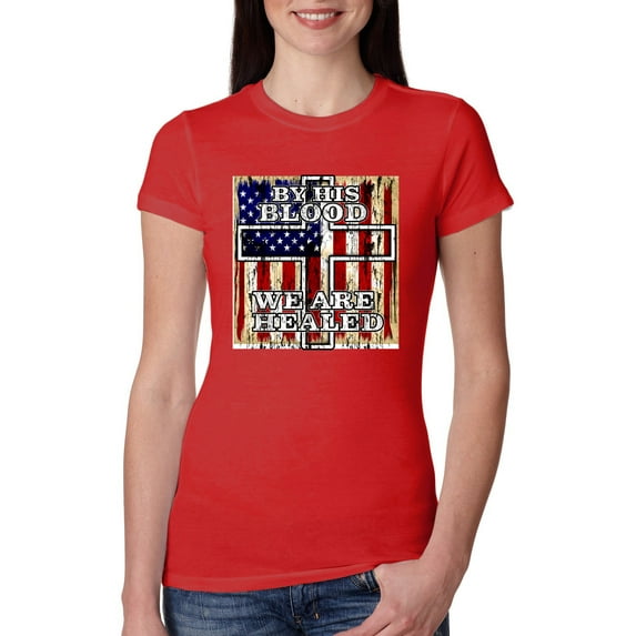 By His Blood We Are Healed Inspirational/Christian Womens Slim Fit Junior Tee, Red, Large
