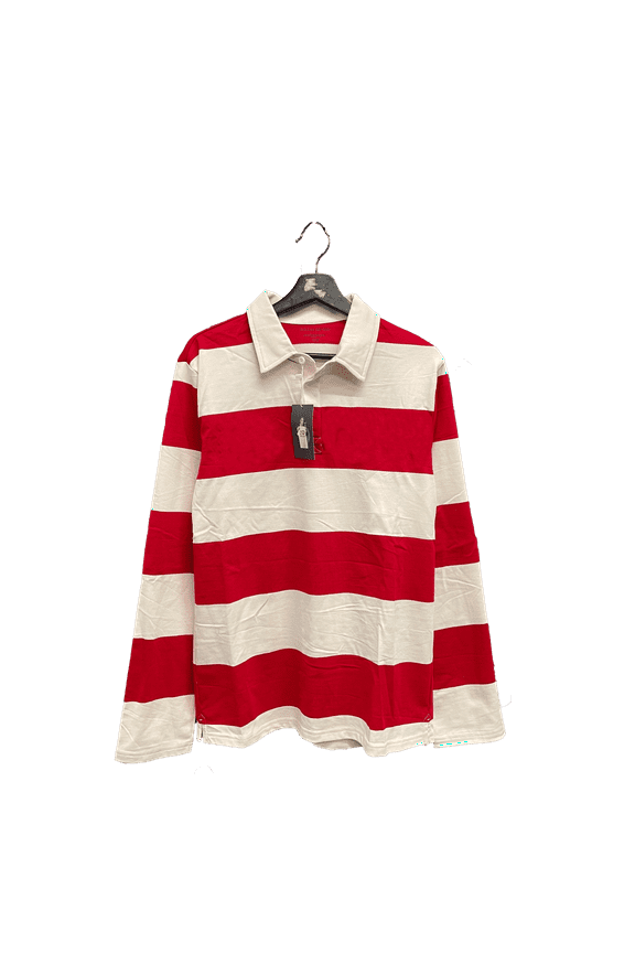 Men's Striped Rugby Shirt - Long Sleeve Cotton Polo - Classic Collared Casual Golf Shirt, Red/White, M-L