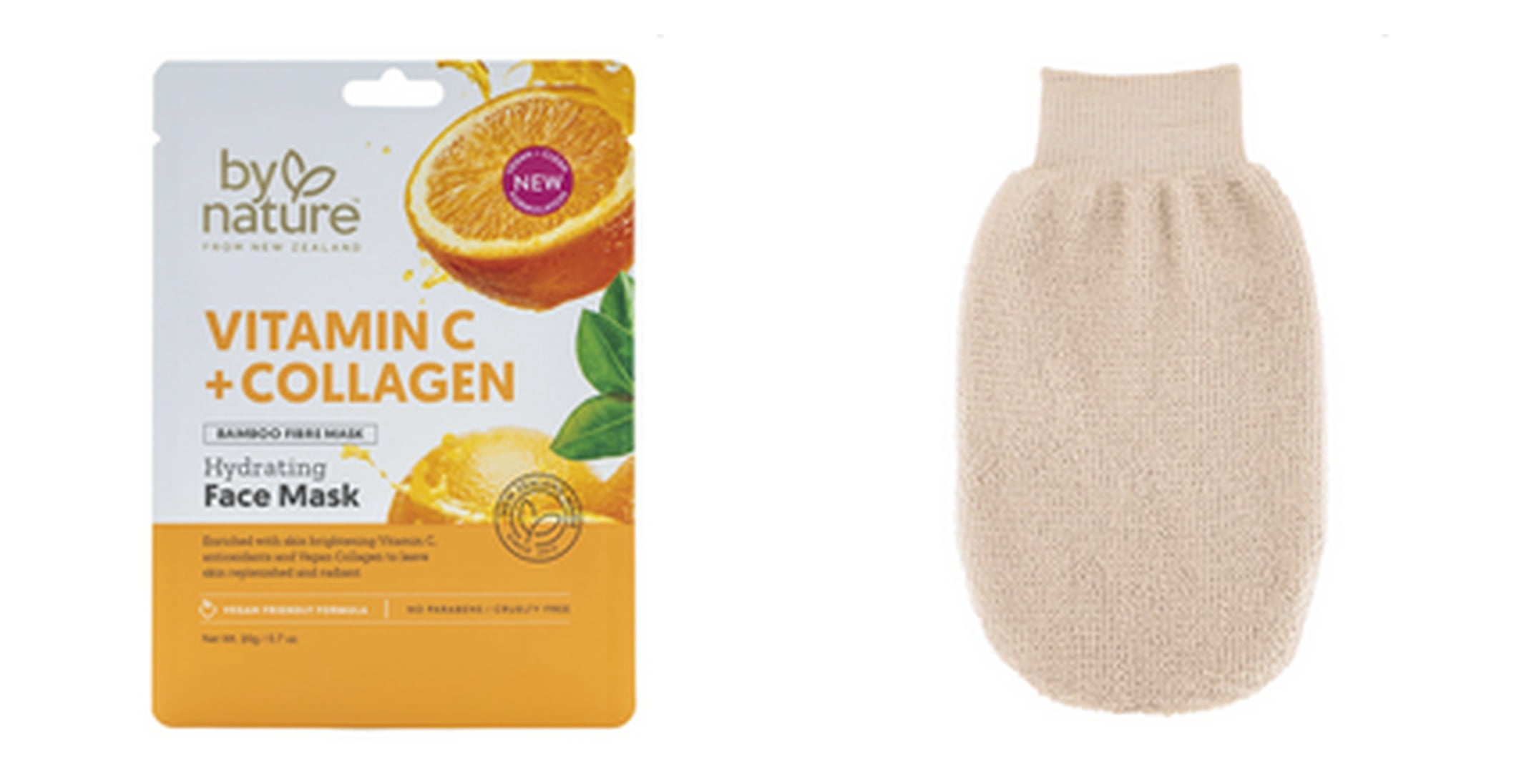By Nature Skincare from New Zealand Vitamin C and Collagen Sheet Face Mask to Brighten and Hydrate Dull Skin & Exfoliating Bath Mitt Bundle
