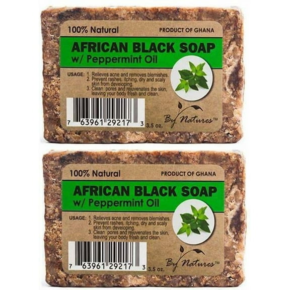 By Natures 100% Natural African Black Soap With Peppermint Oil 3.5 Oz (Pack of 2)