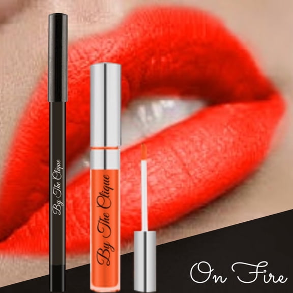By The Clique "On Fire" Long Lasting Red Orange Matte Lip Kit | Liquid Lipstick and Lip Liner Set | Gluten Free and Vegan