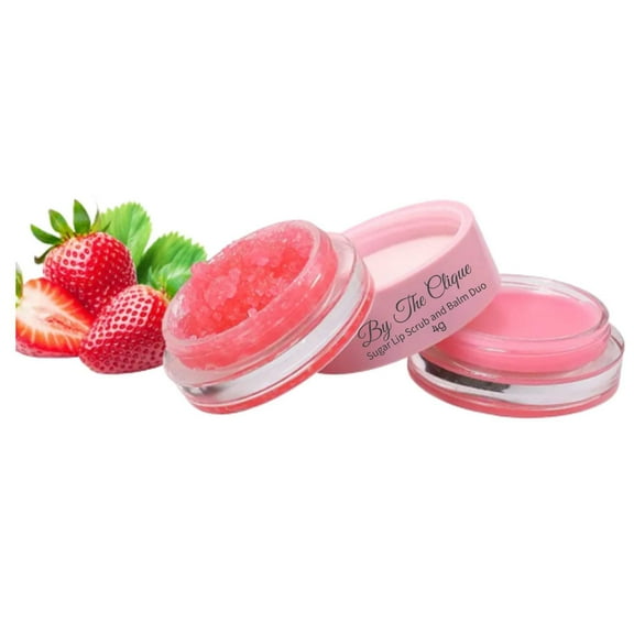 By The Clique Premium 2 in 1 Exfoliating Sugar Lip Scrub and Smoothing Lip Balm Duo | Natural Ingredients | Strawberry Sugar