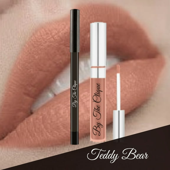 By The Clique Premium Long Lasting Matte Liquid Lipstick and Liner Set | Natural Nude | Teddy Bear