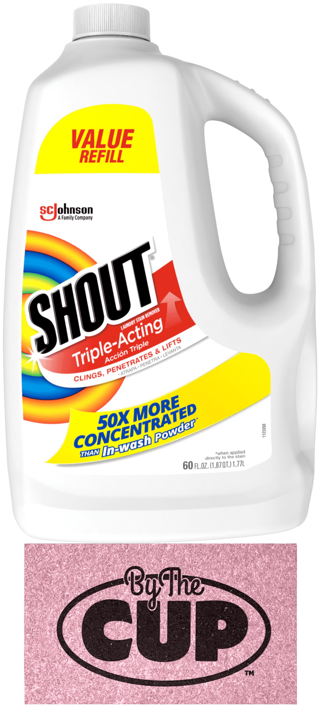 Shout Triple-Acting Laundry Stain Remover Refill, 60 fl oz Jug with By The Cup Sponge