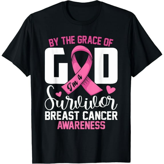 t-shirt By The Grace God I'm A Survivor Breast Cancer Survivor T-ShirtMen and women can wear, black T-shirts, gifts. Age: M,L,XL 2XL, 3XL, 4XL