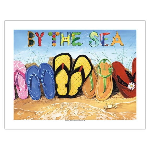 By the Sea - Beach Flip Flops - From an Original Color Painting by Scott Westmoreland - Bamboo Fine Art 290gsm Paper (Unframed) 17x22in