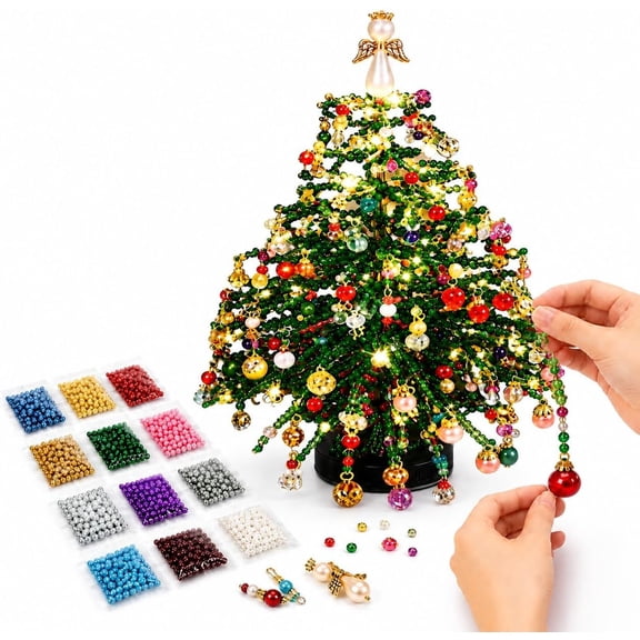 ByCallMax DIY Beaded Christmas Tree Kit, 3D Crystal Bead Craft Set with Lights for Holiday Craft Projects and Decor (#E)