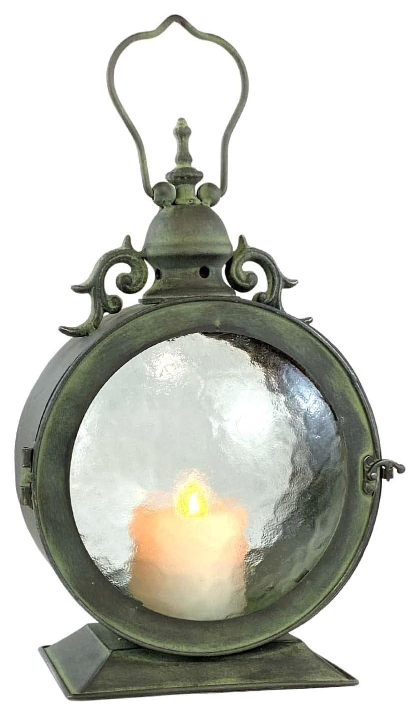 Nautical Coastal Metal Round Hanging Candle Lantern with Curved Glass