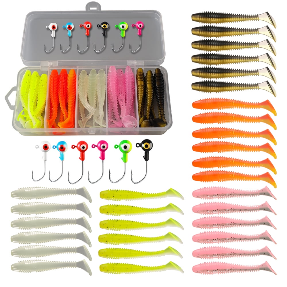 ByPaCrow 36 Pcs Fishing Lures with Heads Hooks Kit Artificial Soft Plastic Grubs Soft Fishing Soft Lures for Bass Freshwater Saltwater Crappie Trout