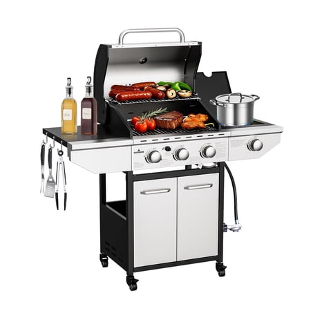Byacgrill 3-Burner Propane Gas Grill with Side Burner – 40,000 BTU Stainless Steel Outdoor BBQ Grill, 485 sq. in. Cooking Space, Cast Iron Grates, Portable with Wheels for Patio, Camping