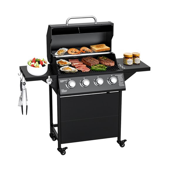 Byacgrill 4-Burner Propane Gas Grill, 40,000 BTU Output Stainless Steel BBQ Grill with 2 Side Tables, Built-in Thermometer, Wheels, Outdoor Cooking for Garden, Patio, Backyard