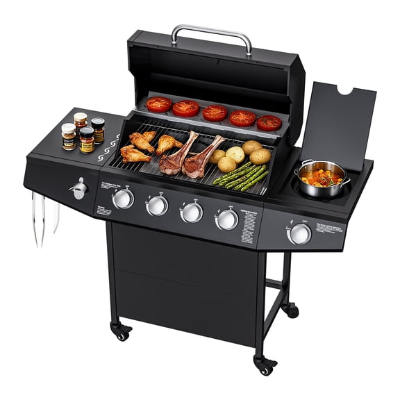 Byacgrill 4 Burner Propane Gas Grill, Output 50,000 BTU Outdoor BBQ Gas Grill with Side Burner, Built-in Thermometer & Wheels, Outdoor Cooking for Patio, Backyard BBQ
