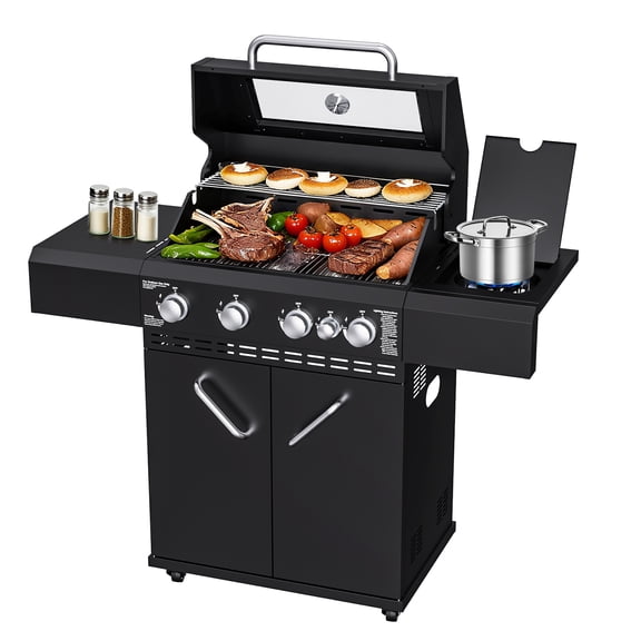 Byacgrill 4 Burners Propane Gas Grill with Side Burner,Stainless Steel Grill Outdoor Patio Garden Barbecue Grill with Clearview Oil Tray Built-in Thermometer for Barbecue, Camping, Patio, Backyard,