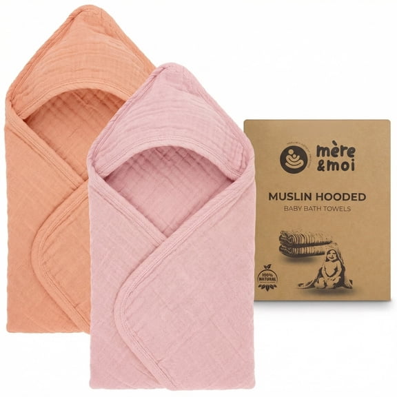 Mre & Moi: Muslin Hooded Baby Bath Towel 2 Pack, Pink & Peach - 30", Soft Cotton, Absorbent, Quick-Dry, Oeko-TEX, Pool-Water, Newborn-Toddler Care