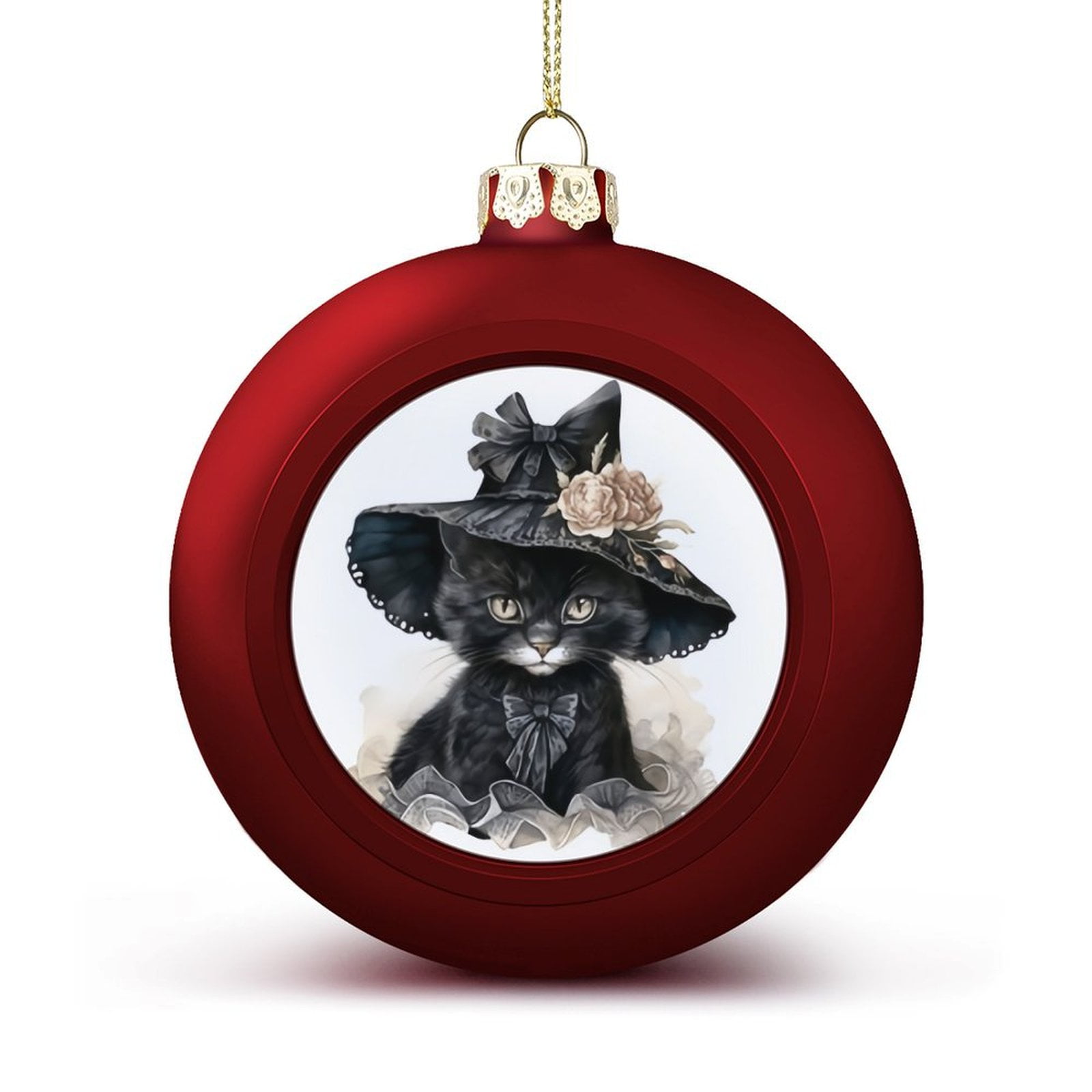 Bybiment 1PCS Red Christmas Balls Ornament, Cat Black Hat Watercolor