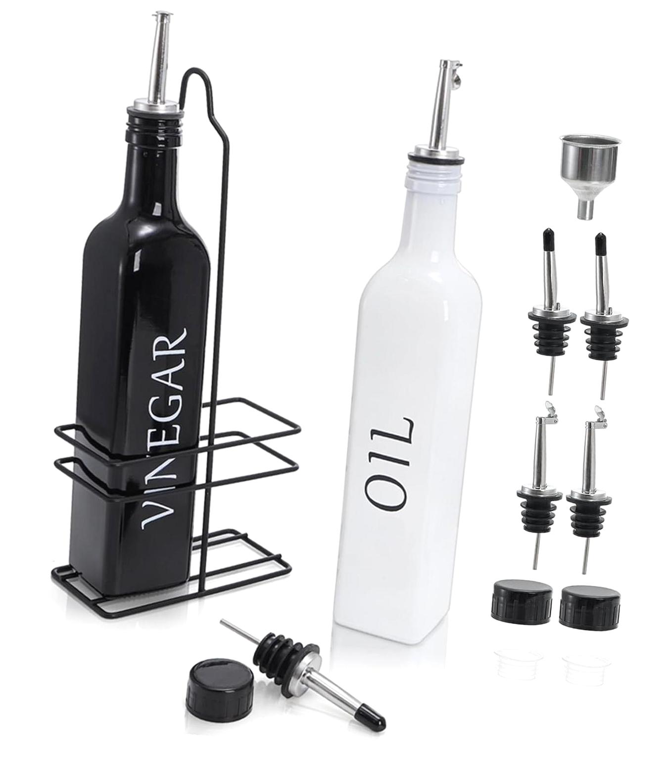 Bybiment 2 Pack Farmhouse Oil and Vinegar Dispenser Set with Caddy Holder, 17oz & White Olive Oil Dispenser Bottle, Charming Glass Cruet for Kitchen