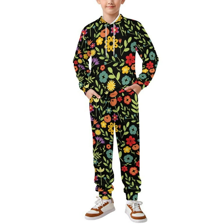 Bybiment 2 Piece Outfits Hoodie for Kids Youth Multicolored Floral Pattern Dark Sweatshirt and Sweatpants Boys Girls Athletic Sweatsuits Pullover