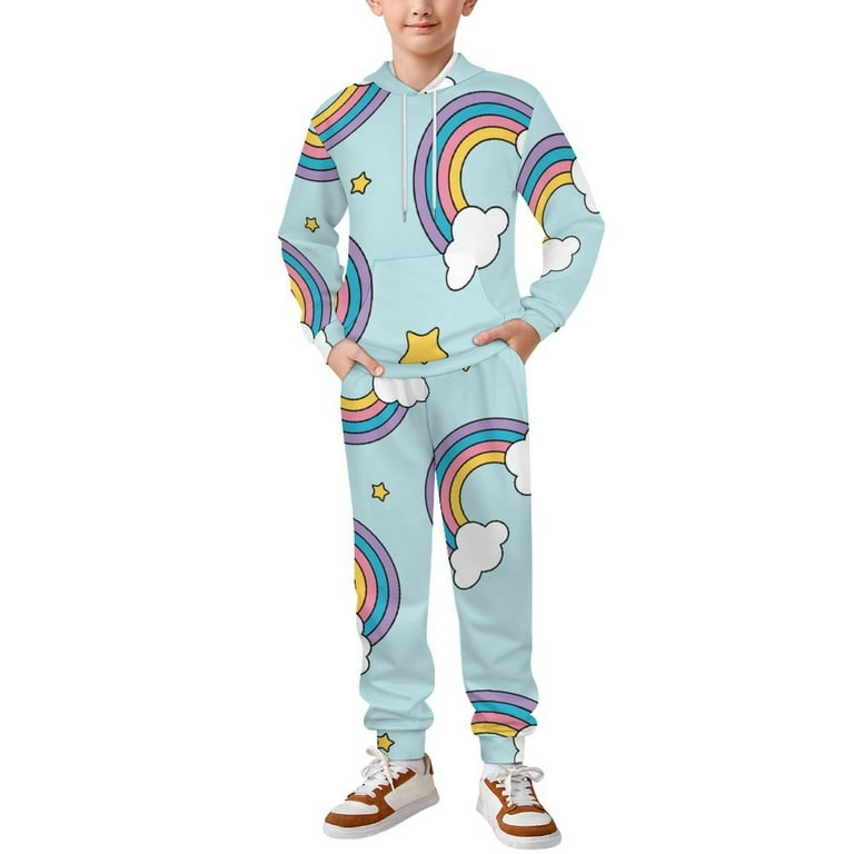 Bybiment 2 Piece Outfits Hoodie for Kids Youth Pastel Rainbow Stars Pattern Sweatshirt and Sweatpants Boys Girls Athletic Sweatsuits Pullover Clothes Sets with Pocket 140CM Walmart