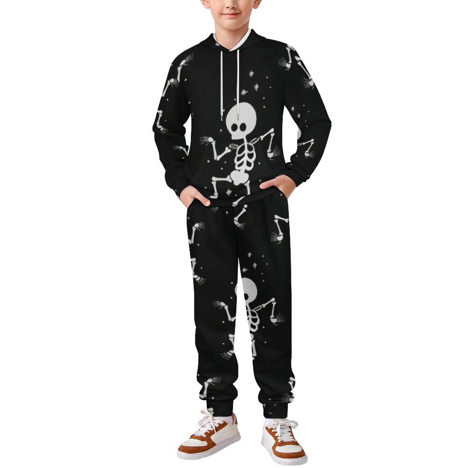 Bybiment 2 Piece Outfits Hoodie for Kids Youth, Skeletons Halloween