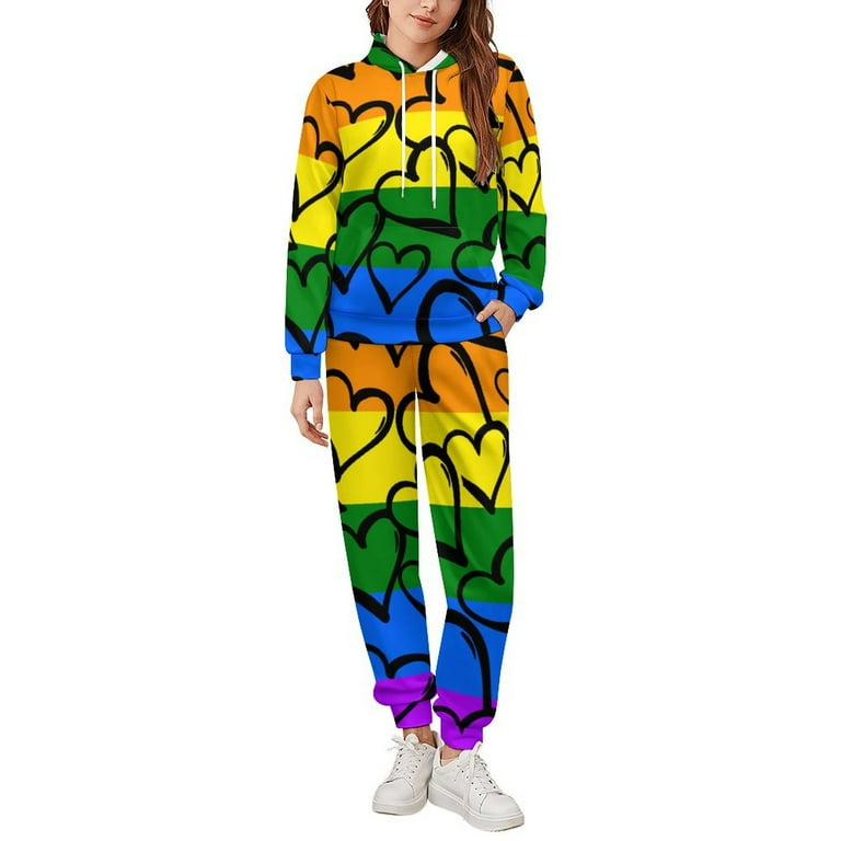 Bybiment 2 Piece Outfits Oversized Hoodie for Women Men Gay Pride Rainbow Colored Hearts Sweatsuit Sweatshirt and Sweatpants Jogger Fashion Y2K Tracksuit with Pocket XL Walmart