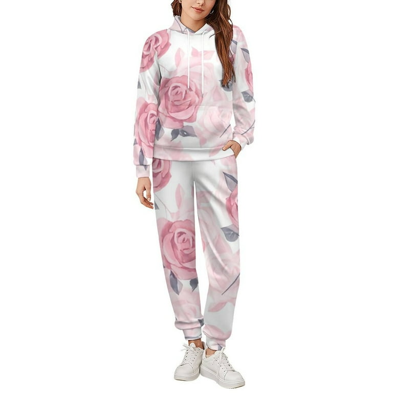 Bybiment 2 Piece Outfits Oversized Hoodie for Women Men Pink Roses Watercolor Floral Sweatsuit Sweatshirt and Sweatpants Jogger Fashion Y2K