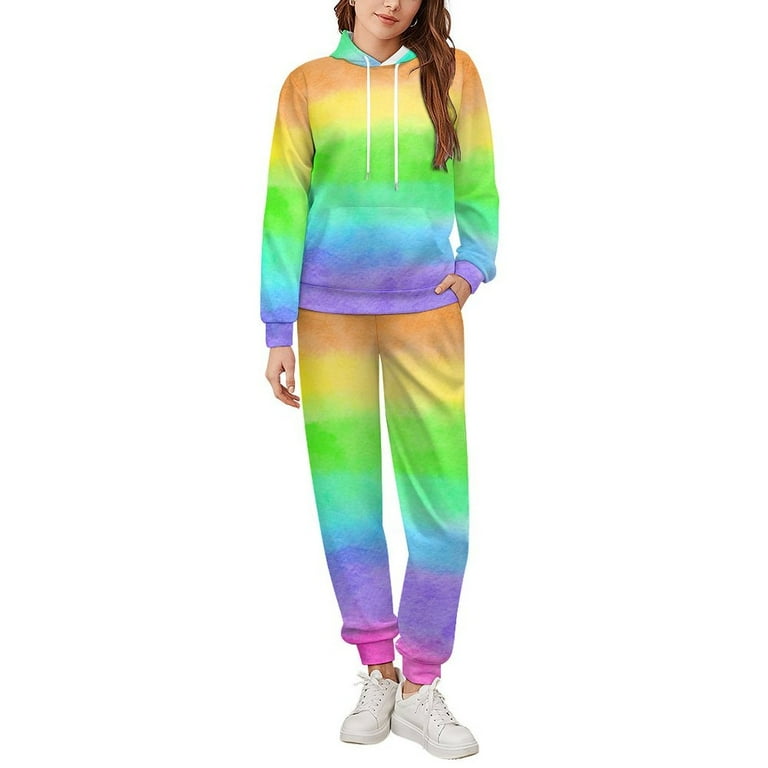 Bybiment 2 Piece Outfits Plus Size Hoodie for Women Men Striped Rainbow Watercolor Sweatsuit Sweatshirt and Sweatpants Jogger Fashion Y2K Tracksuit with Pocket 5XL Walmart