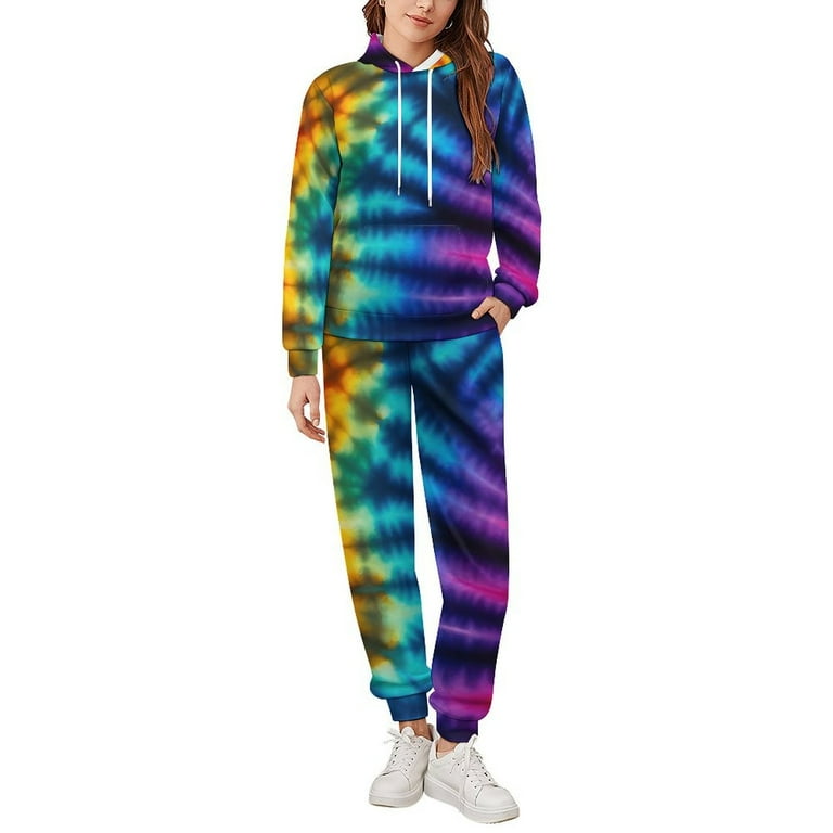 Bybiment 2 Piece Outfits Plus Size Hoodie for Women Men Tie Dye Pattern Rainbow Sweatsuit Sweatshirt and Sweatpants Jogger Fashion Y2K Tracksuit with Pocket 5XL Walmart